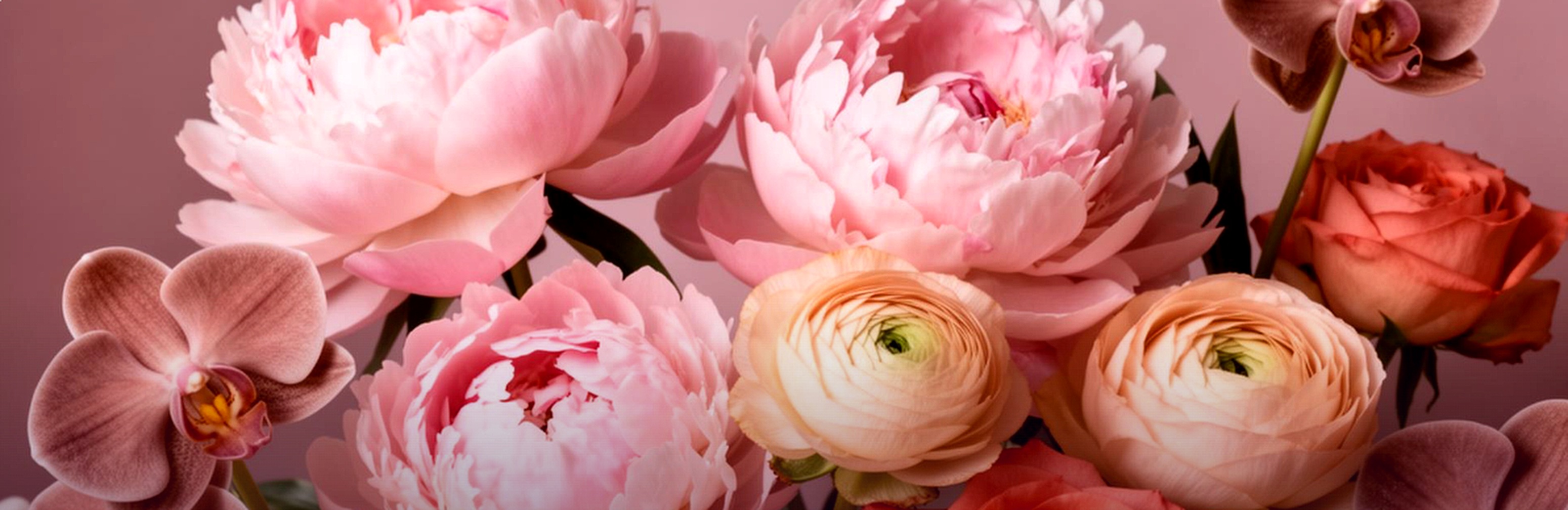 Close-up bouquet of peonies, garden roses, ranunculus and orchids in blush, coral, apricot and raspberry